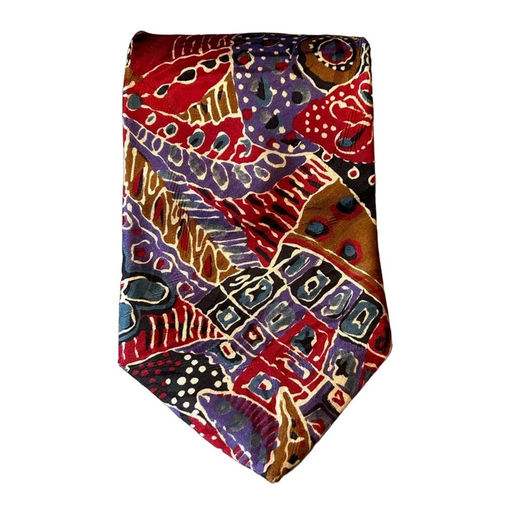Mario Valentino Vtg red purple tropical abstract men’s designer Italian silk tie